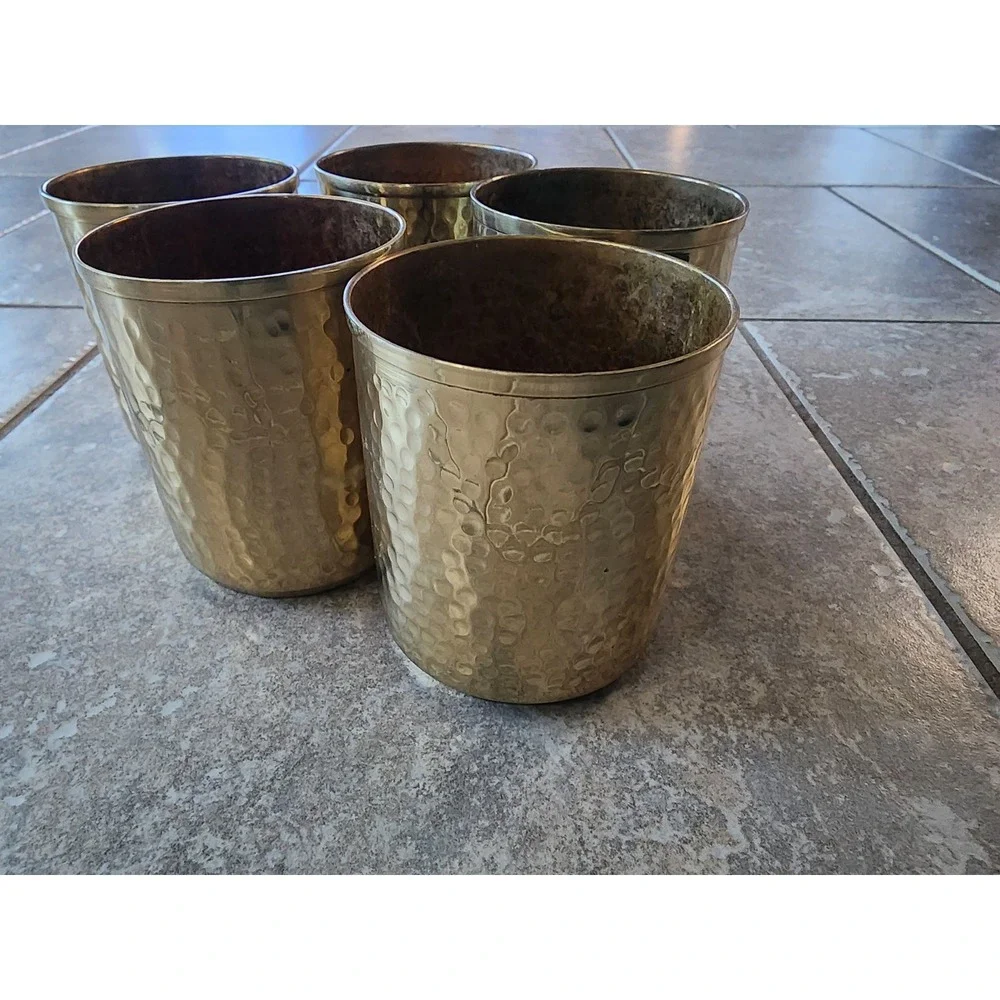 Luene Hammered Brass Tumblers Set of 5 Vintage Gold Metal Drinking Cups